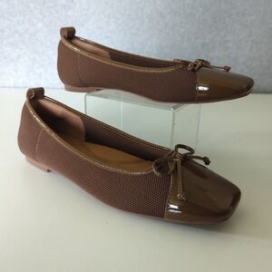 Eric Javits ballet flats patent brown Leather Mesh Shoes Bow Squaretoe Women 7.5